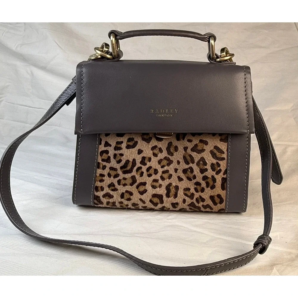 Radley London Gray Leather Leopard Haircalf Crossbody Satchel Bag